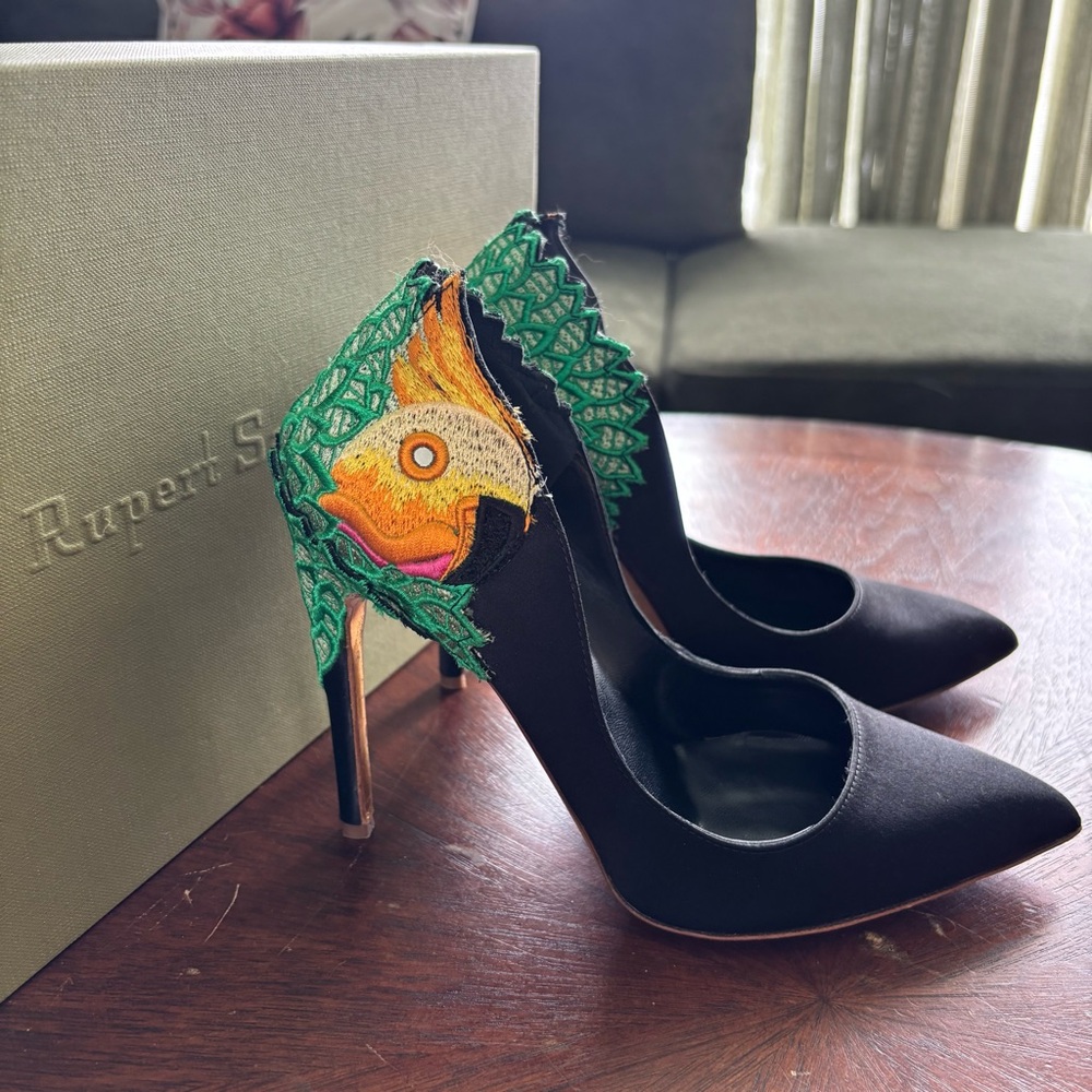 Rupert Sanderson Black and Green Embroidered Heels